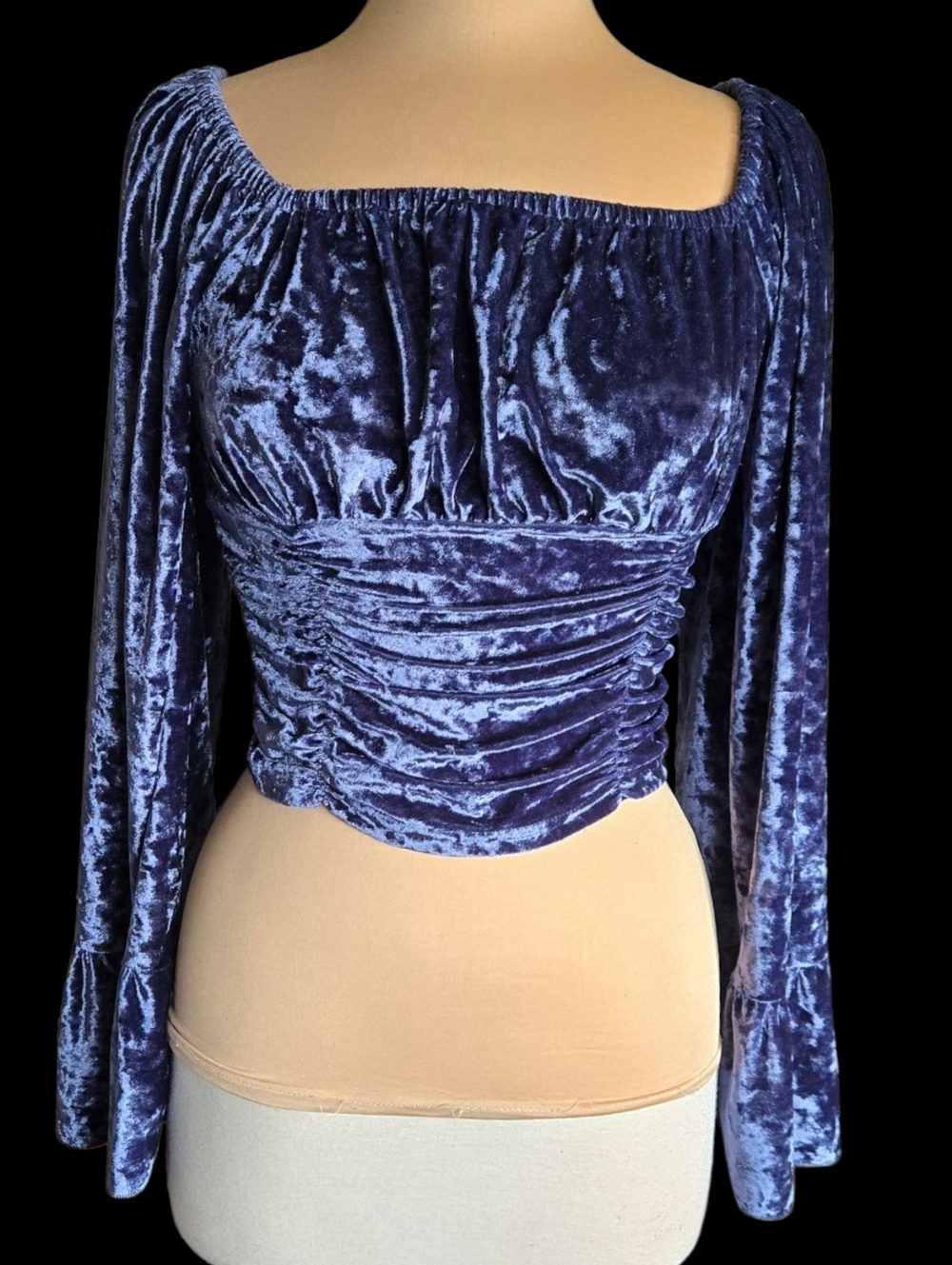 Luukse Ruched Velvet Square-Neck Long Bell Sleeve Top - Deep Blue Sz S